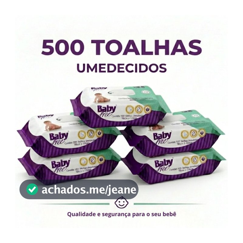 KIT COM 5 PACOTES TOALHAS UMEDECIDAS/LENÇOS BABY FREE C/100-(sem tampa flip-top)