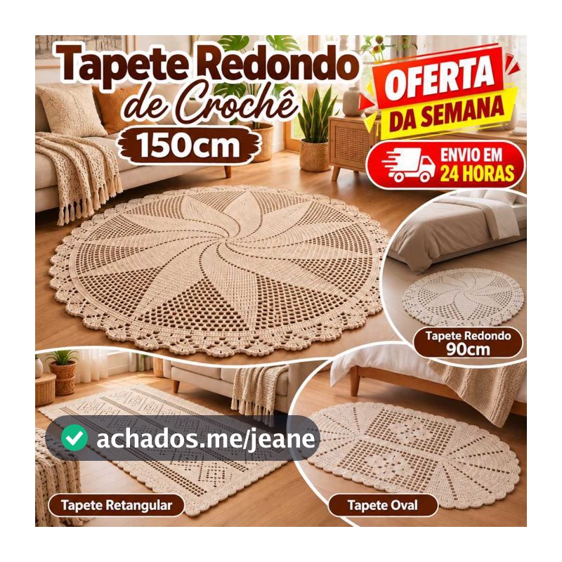 Tapete Redondo em Crochê Feito a Mão 1,50m para Quarto ou Sala Tamanhos Retangular , Redondo e Oval
