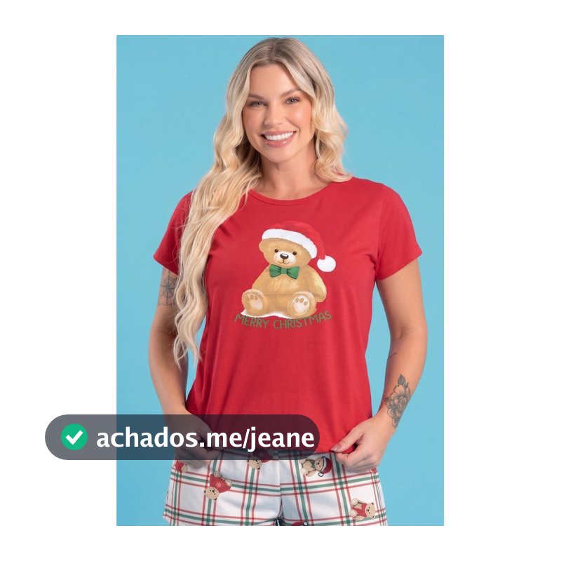 Pijama Curto Feminino Verão Urso Com Gorro Natal