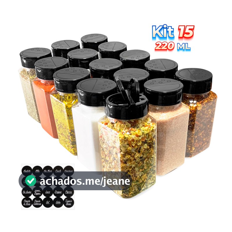 15 Potes Temperos Condimentos Sal Parrilha 220ml Tampa Dupla Reforçada com Etiquetas