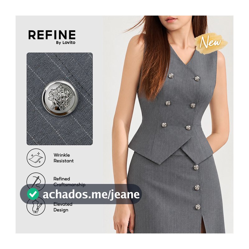 (Refine by Lovito) Conjunto Feminino Cinza Listrado com Bloco de Cor Fivela Metálica e Fenda Frontal Blusa ou Calça KSR44P1D088
