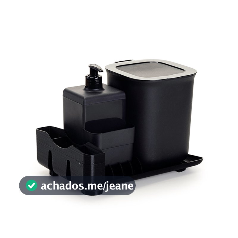 Kit Pia 3 Peças Compacto Escorredor 4 pratos Dispenser de Detergente e Lixeira 2,5 Litros Cores Preto e Branco DasPlast