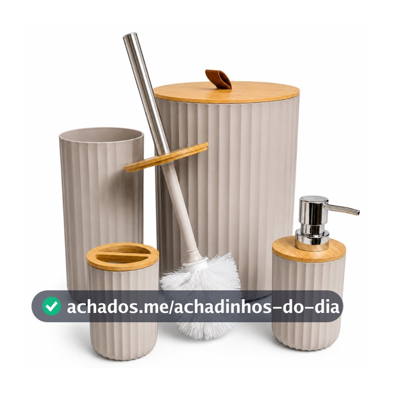 Kit Lavabo Banheiro 4 Peças Lixeira 6,5L Tampa de Bambu Escova Sanitária Dispenser e Porta Escovas