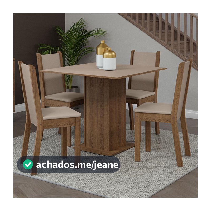 Conjunto Sala de Jantar Mesa Tampo de Madeira 4 Cadeiras Rustic/Crema/Sintético Bege Briana Madesa