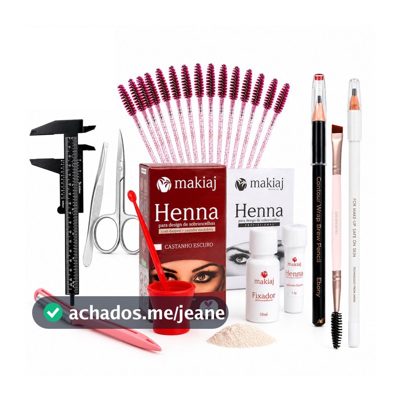 Kit Sobrancelha Henna Makiaj Design Profissional Pinça Tesoura Pincel Completo Iniciante Paquimetro Lapis