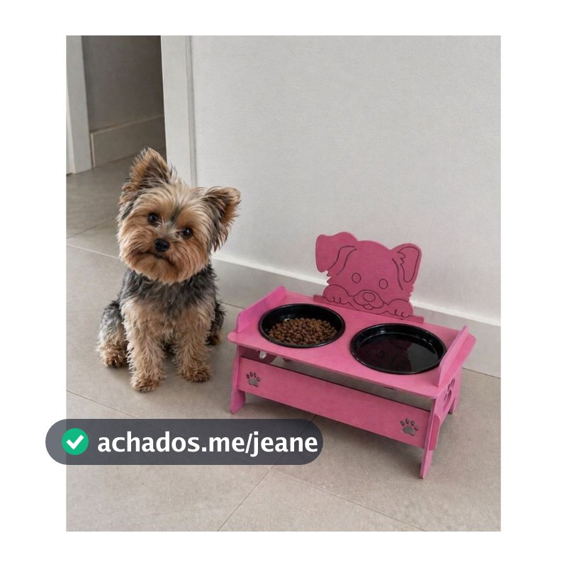 comedouro gato ou cachorro pet elevado agua ração postura rosa ou azul mdf com desenho duplo