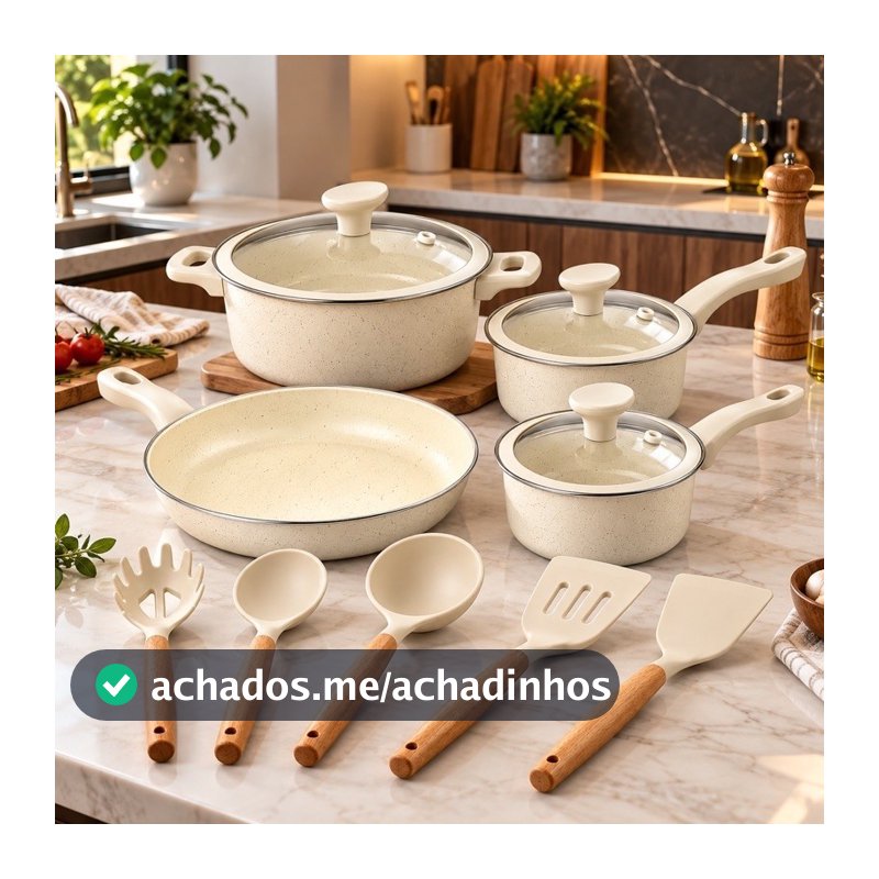 Jogo de Panelas Genebra 12 peças Kit Cerâmica antiaderente com talheres