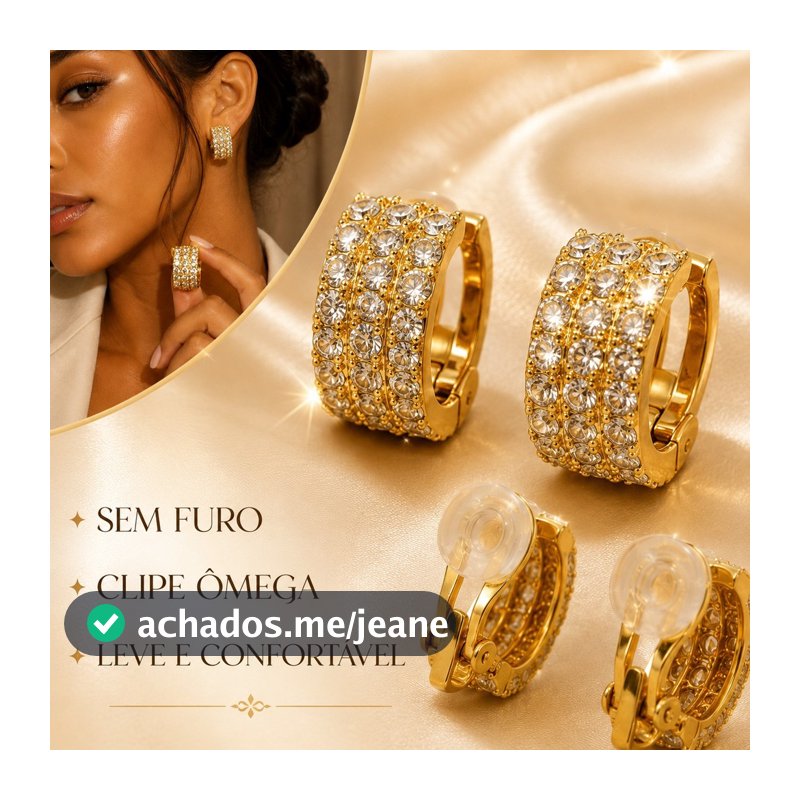 Brinco de Pressão Sem Furo Meia Argola Cravejada Zircônia Clipe Ômega Dourado/Prata Feminino