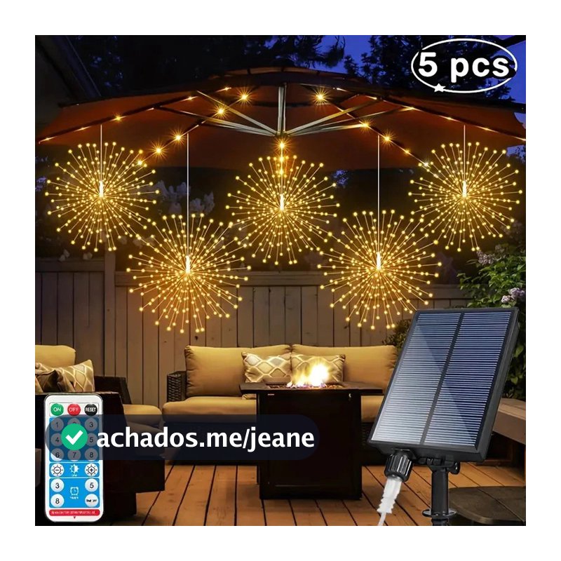 Kit 5 Luzes LED Solares Efeito Fogos de Artifício | 450 LEDs com Controle Remoto | Decoração de Natal e Festas