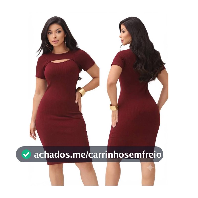 Vestido Feminino Midi Justo Com Decote Vazado Manga Curta Canelado Tecido Canelado Casual P M G GG