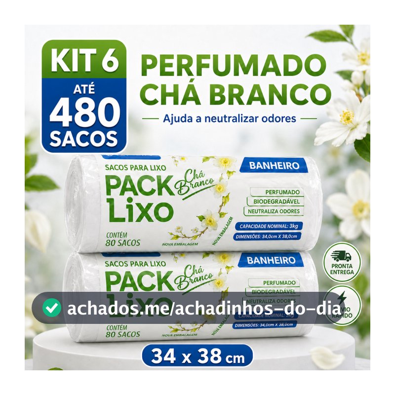 Sacos de Lixo Perfumado Chá Branco Kit Para Pia e Banheiro 34x38cm Neutraliza Odores 10L Cheiroso