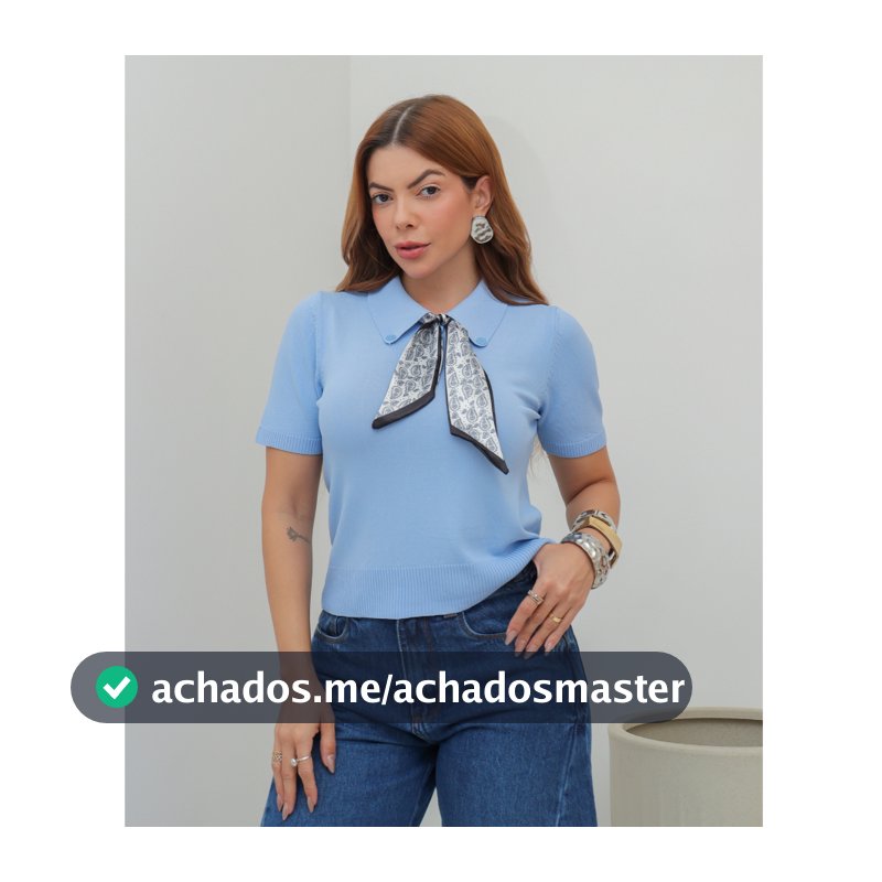 Blusa Feminina Tricot Gola Polo Manga Curta com Lenço Estampado Elegante Casual SD4107