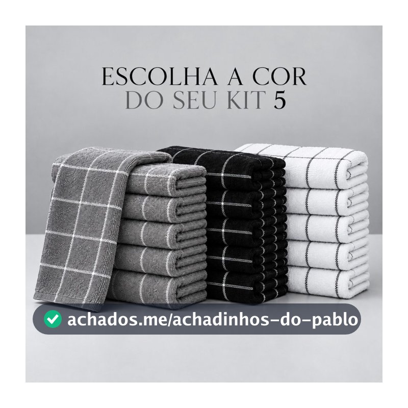 Kit 5 Panos de Prato Xadrez Preto Branco ou Cinza 45x65cm 100% Algodão 90g Macio Premium Chef
