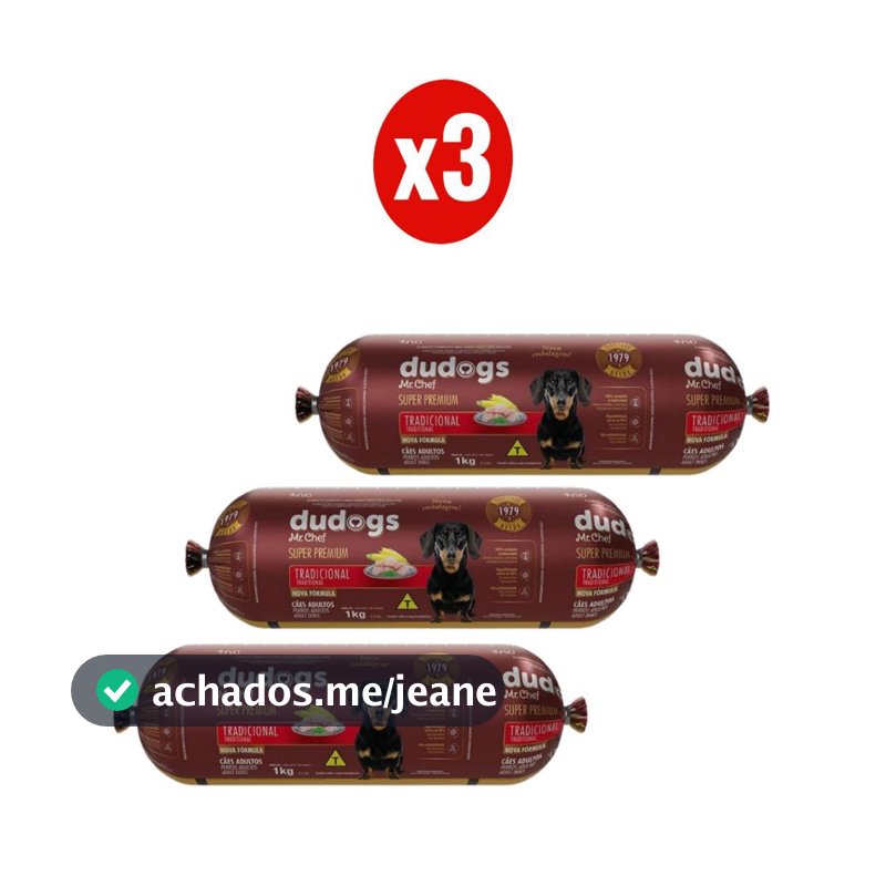 Kit 3 Dudogs Mr Chef Tradicional Ração Semi Úmida para Cães 1Kg FVO