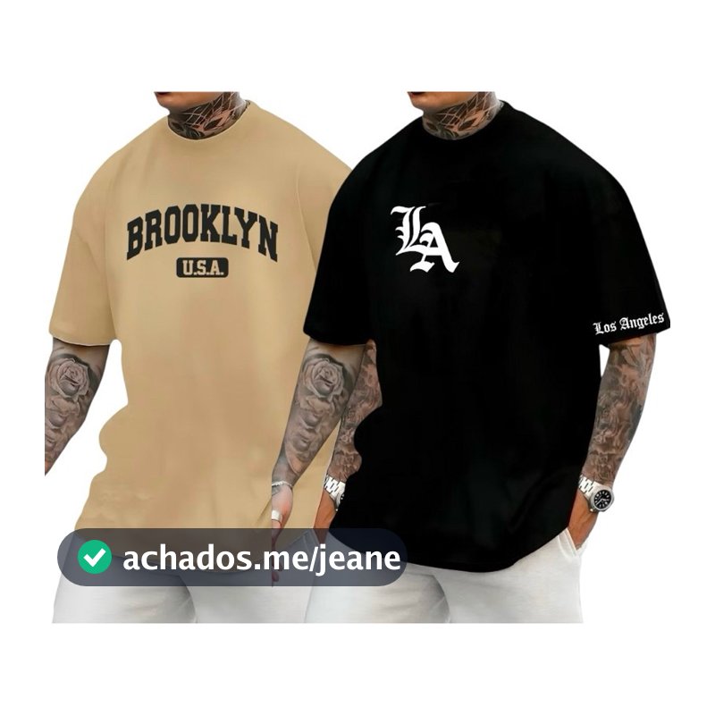 Kit 2 Camiseta básica  Masculina Los Angeles Brooklyn 100% Algodão plus size G1-G2-G3