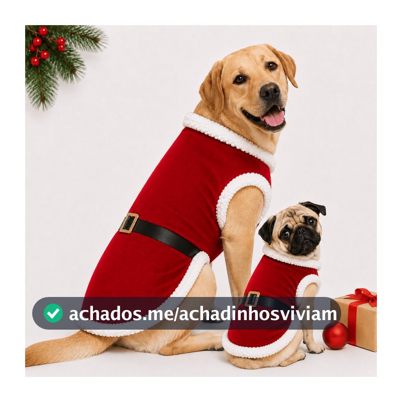 Roupa Papai Noel Cachorro Macho Natal Pet com Cinto e Pelúcia Pequeno Grande