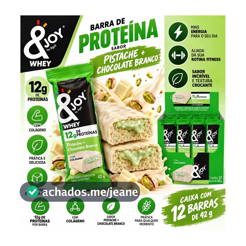 Barra de Proteína Whey &Joy Pistache com Chocolate Branco 42g Caixa 12 Unidades 12g Proteína