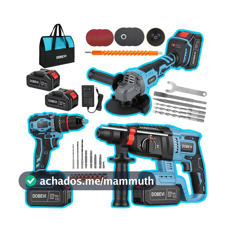 Kit 3 em 1 Ferramentas Elétricas Profissional com Bateria Dobevi – Furadeira, Esmerilhadeira e Parafusadeira de Impacto
