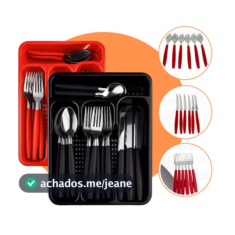 Jogo 25 Peças de Talheres, faqueiro com Suporte | Preto ou Vermelho