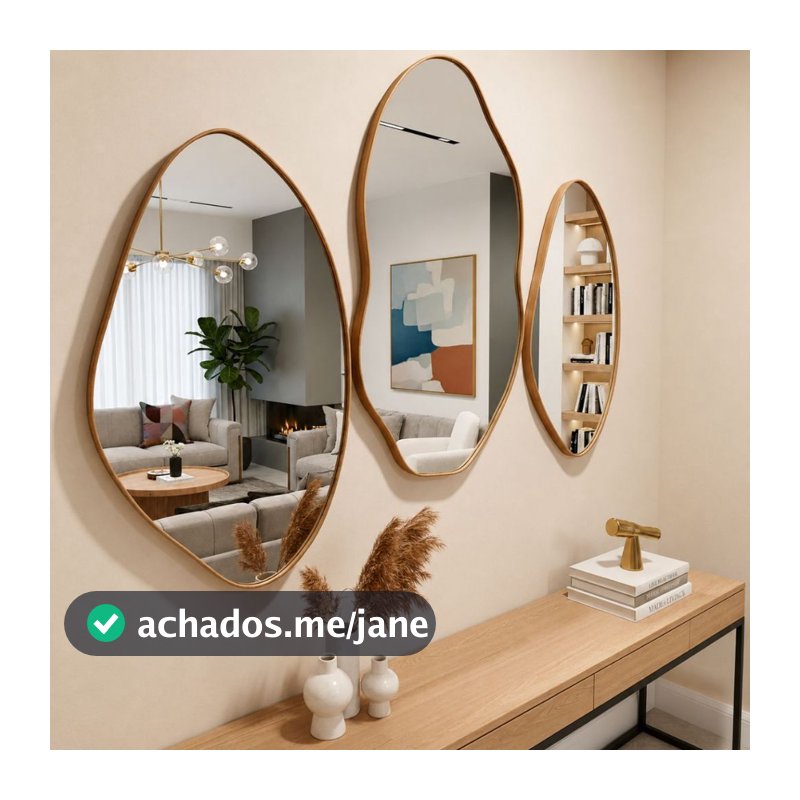 Kit 3 Espelhos Orgânicos Decorativos Parede 60x40 e 70x50 Moldura Couro Reforçado + Suporte Sala Quarto Banheiro