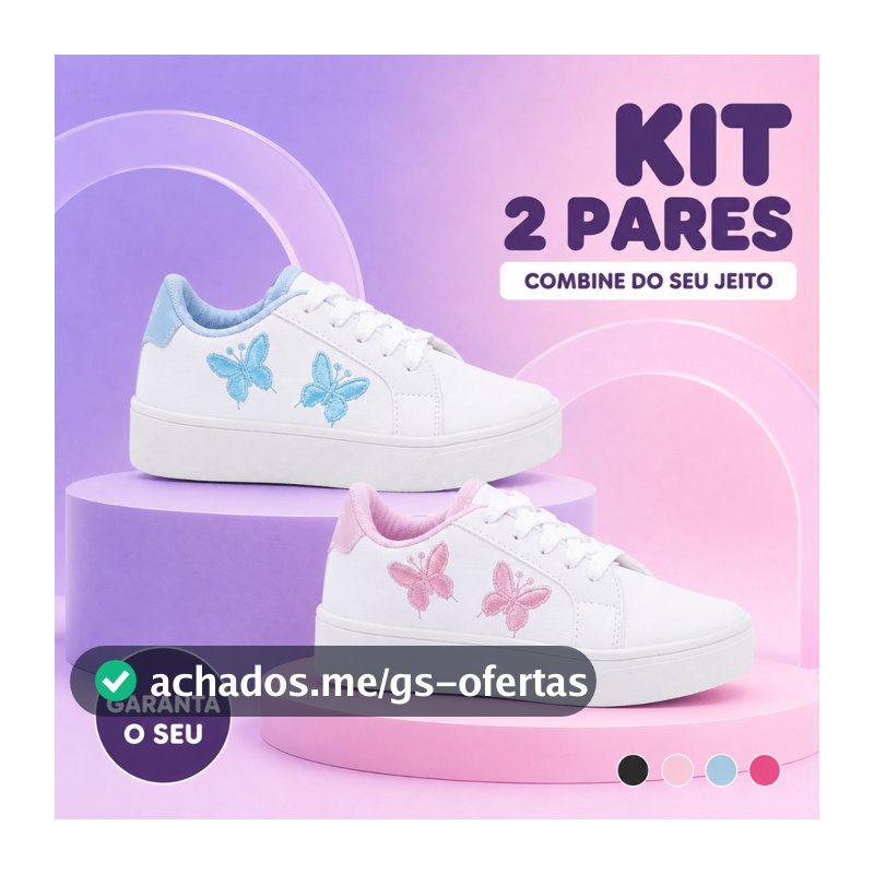 Kit 2 Pares Tênis Infantil Feminino Borboleta Bordada para Escola e Passeio Estilo Moderno