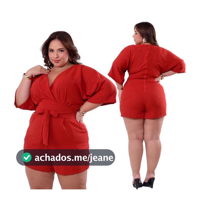 Macaquinho Feminino Plus Size  C/ Laço Ajustável Na Cintura - Manga 3/4 Elegante