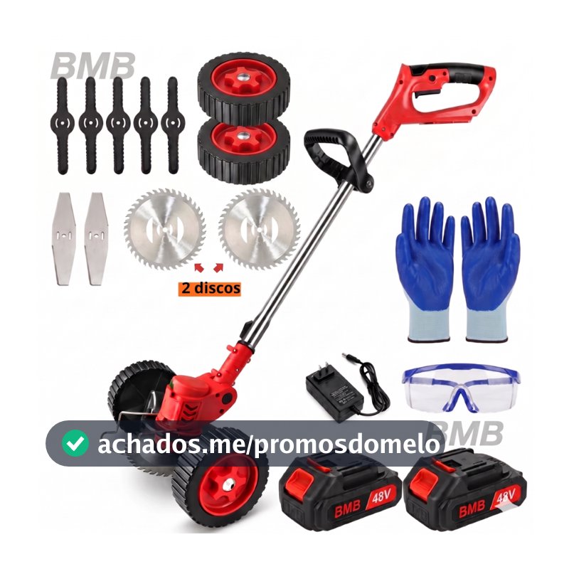 Roçadeira Aparador Cortador De Grama Elétrico Recarregável Com Rodas 2 Baterias de Lítio kit completo