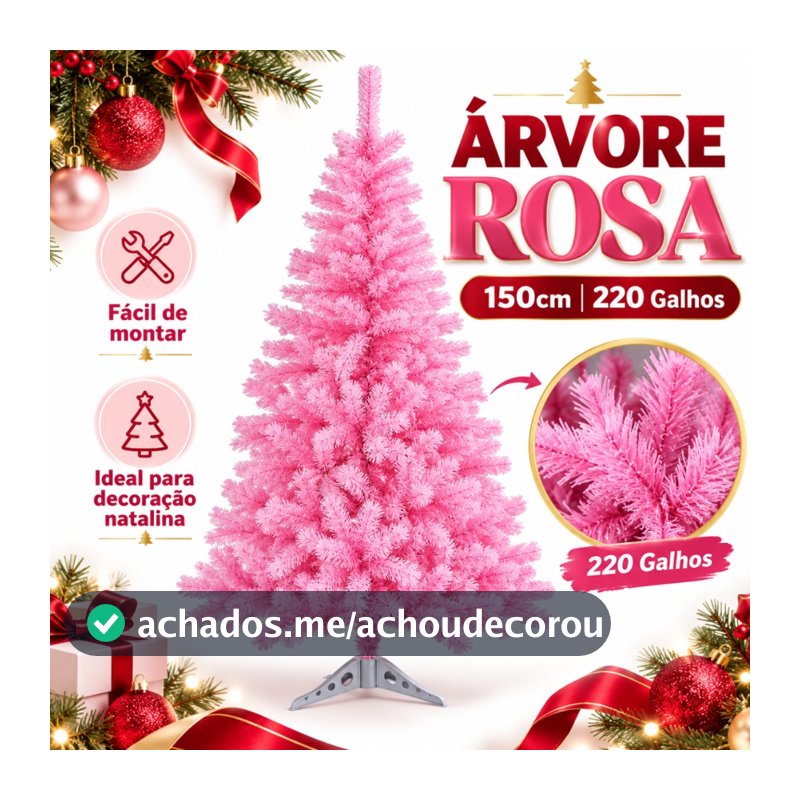 Árvore Natal Cor Rosa 150cm 200 Galhos Grande Pinheiro Natalino Branco