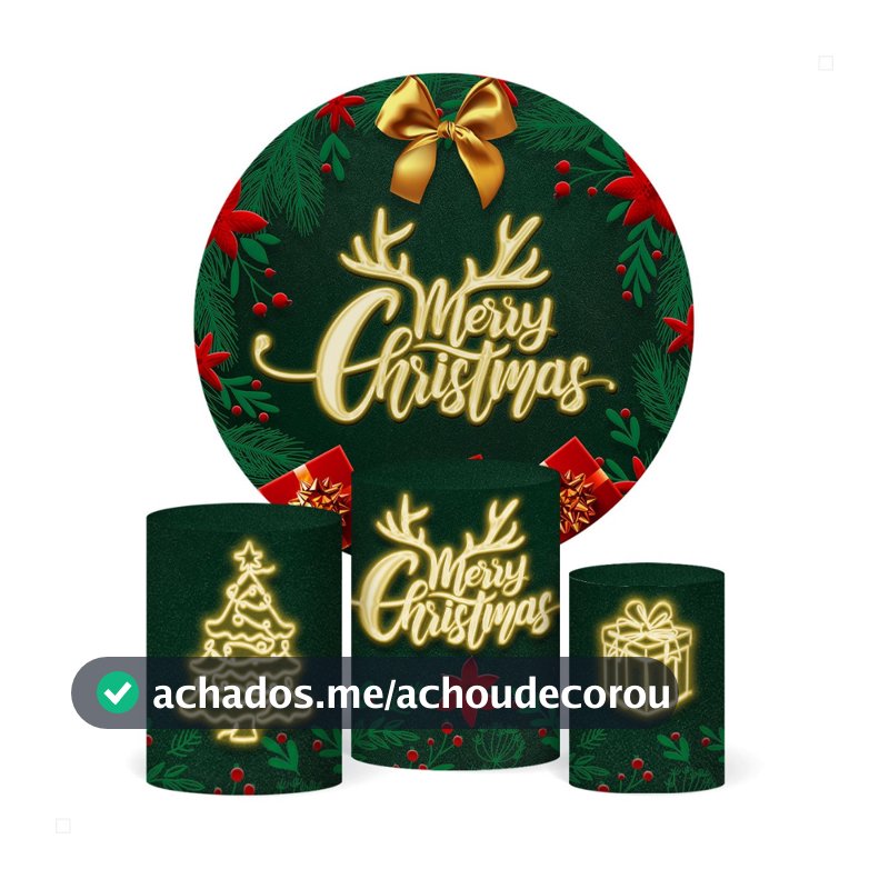 Painel Redondo E Capas De Cilindro Sublimados Tecido Premium Temática Natal Papai Noel