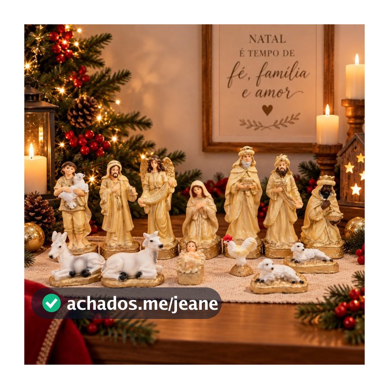 Presépio de Natal Completo 13 Peças 15cm Gesso Resinado Dourado Alta Qualidade Exclusivo