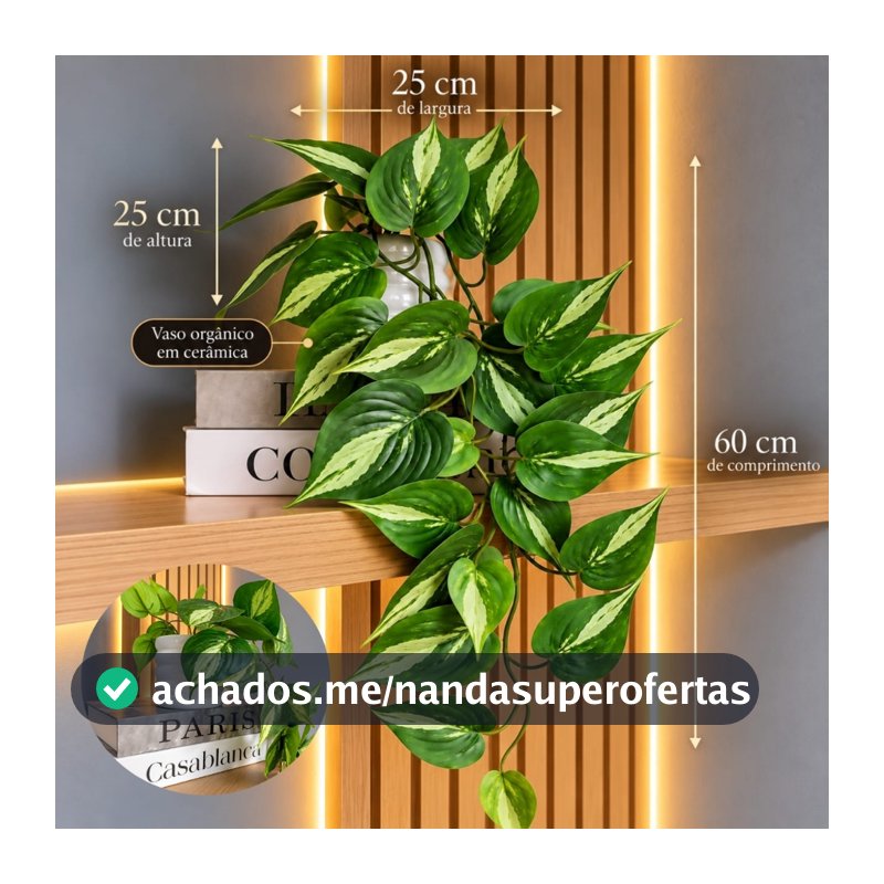 Arranjo Pendente Jiboia Artificial Realista Silicone Vaso Cerâmica 68 cm