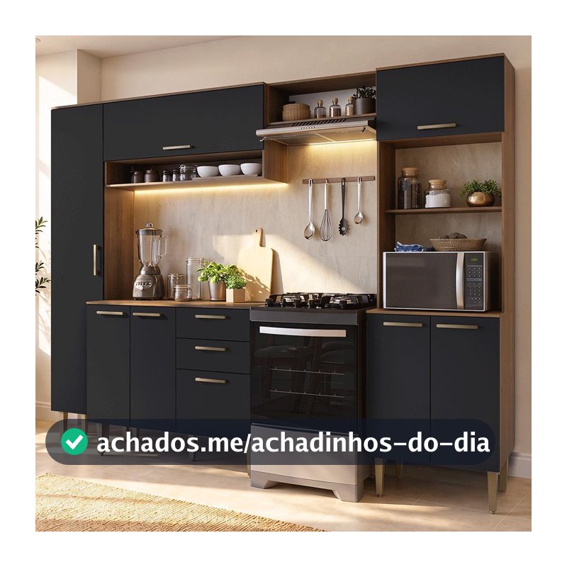 Armário de Cozinha Completa 265 cm Rustic/Preto Lille Madesa 02
