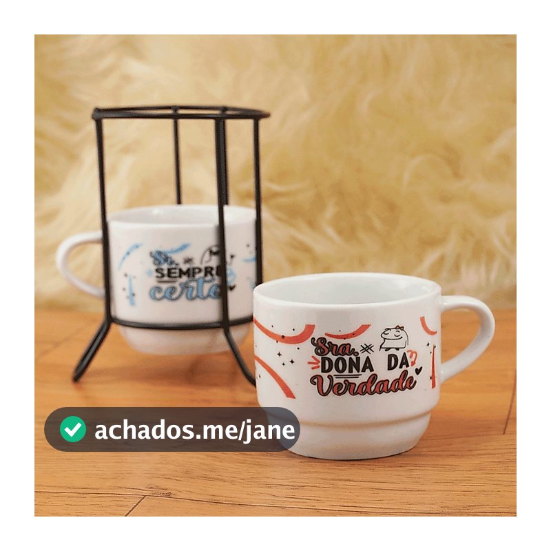 Kit 2 Xícaras empilhável Porcelana 210ml Chá Café Flork Casal Branca+ Suporte Metal