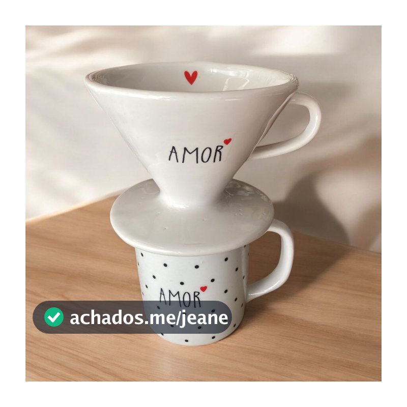 Kit Caneca 300ml + Filtro de Café de Porcelana Branca Decorado - Amor