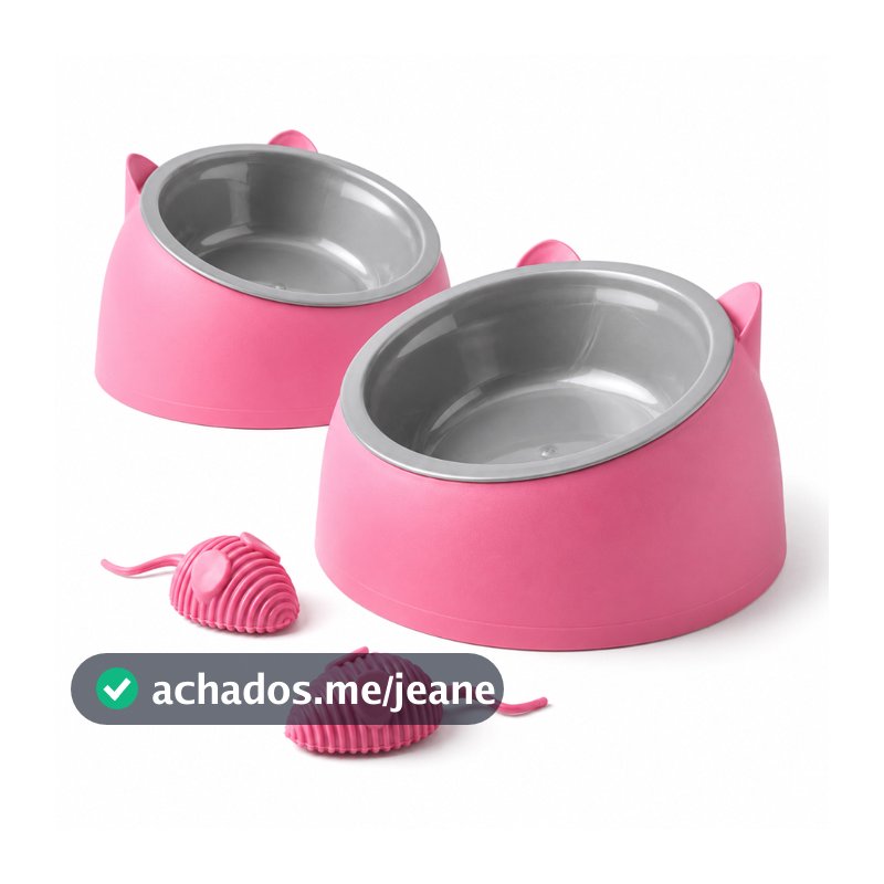 Kit Comedouro e Bebedouro para Gatos Ergonômico Elevado Anti Refluxo Plástico 2 Tigelas + Ratinhos