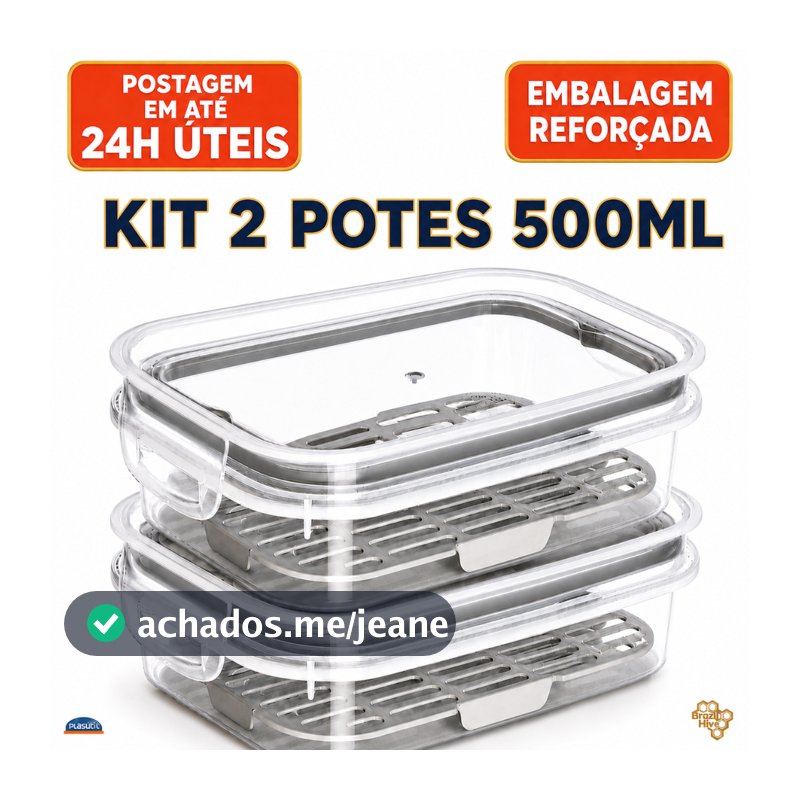 Porta Frios Escorredor Kit 2 Potes Herméticos 500 ml Plasútil Livre BPA Organizador Geladeira Freezer Microondas Marmita