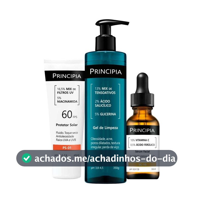 Principia Kit Trio Clássico c/ Gel de Limpeza GL-01 + Vitamina VC-10 + Protetor Solar Facial PS-01 FPS 60
