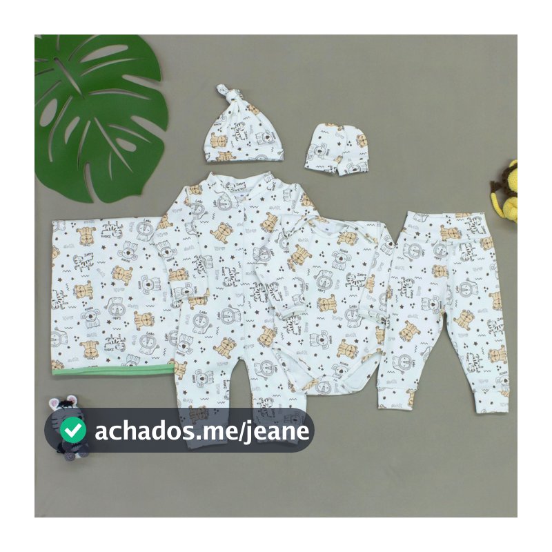 Kit Saída Maternidade Primeiros Dias Bebê Menino Safari 06 Peças 100% Algodão Completo Estampado
