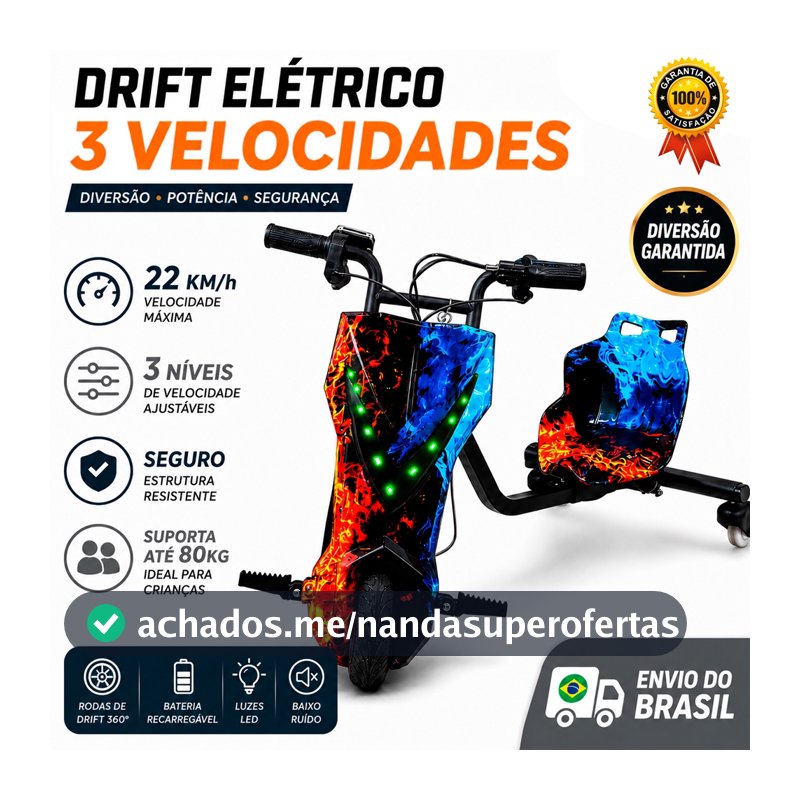 Triciclo Elétrico Drift Motorizado 350w Adulto/Infantil 6" 8" Polegadas 3 Velocidades Bluetooth Led