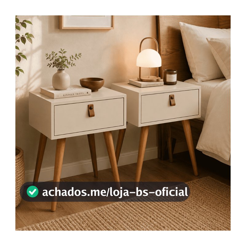 Kit 2 Mesa De Cabeceira com Gaveta Retrô Puxador Couro Pês Madeira Quarto de Casal Decorativo Moderna