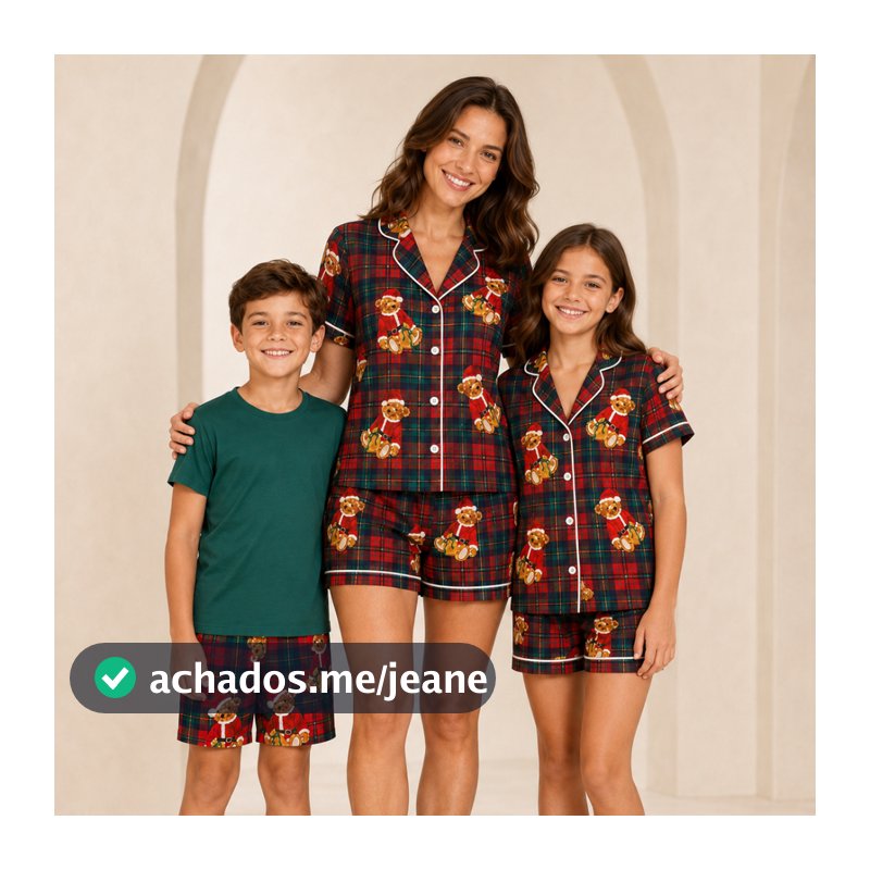 Kit Mãe Filha e Filho Pijama de Natal Xadrez Ursinho Família Combinando