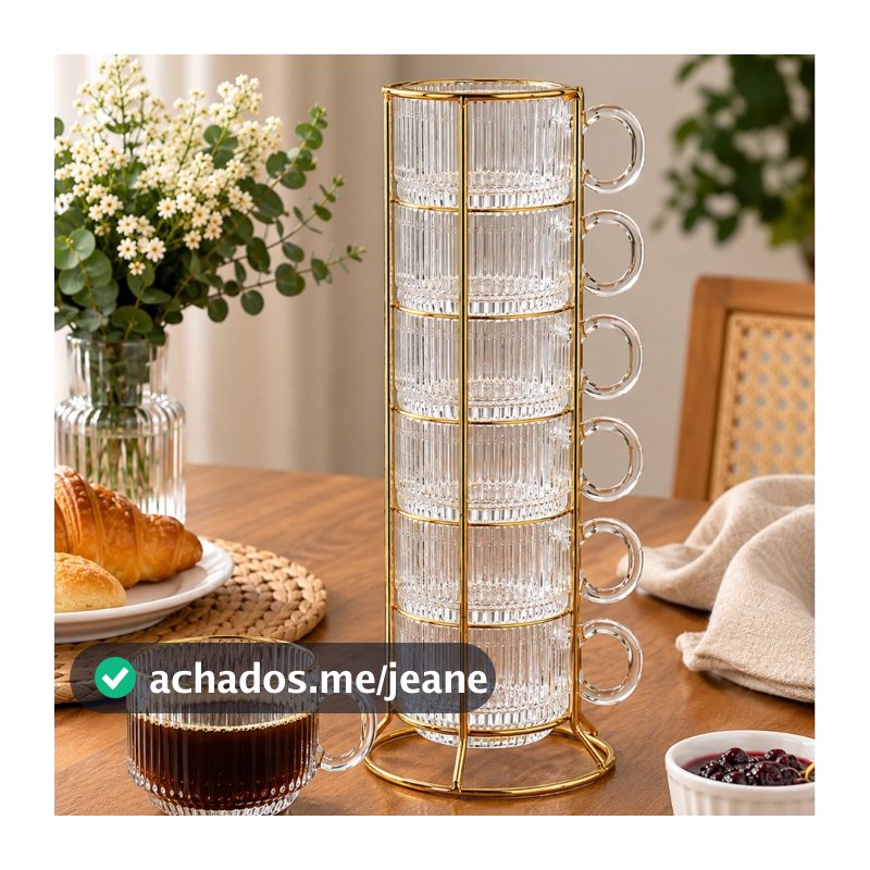 Jogo 6 Xícaras de Café 90ml de Cristal Graffiato com Borda Dourada e Suporte