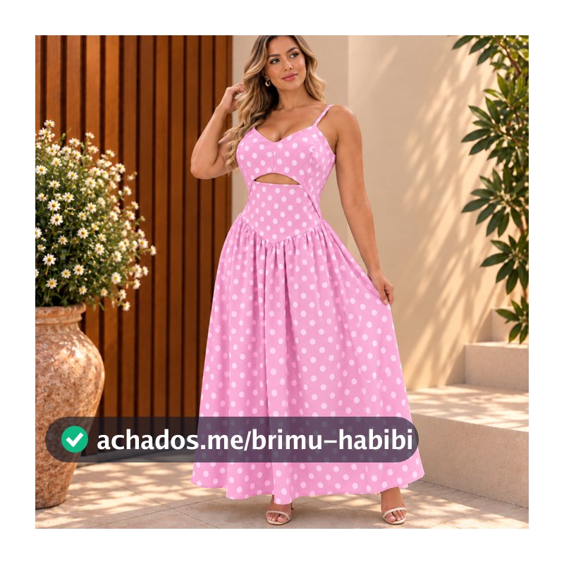 Vestido Longo Feminino Alfaiataria Poá Bolinhas Alça Fina Decote V Recorte Frontal Saia Rodada