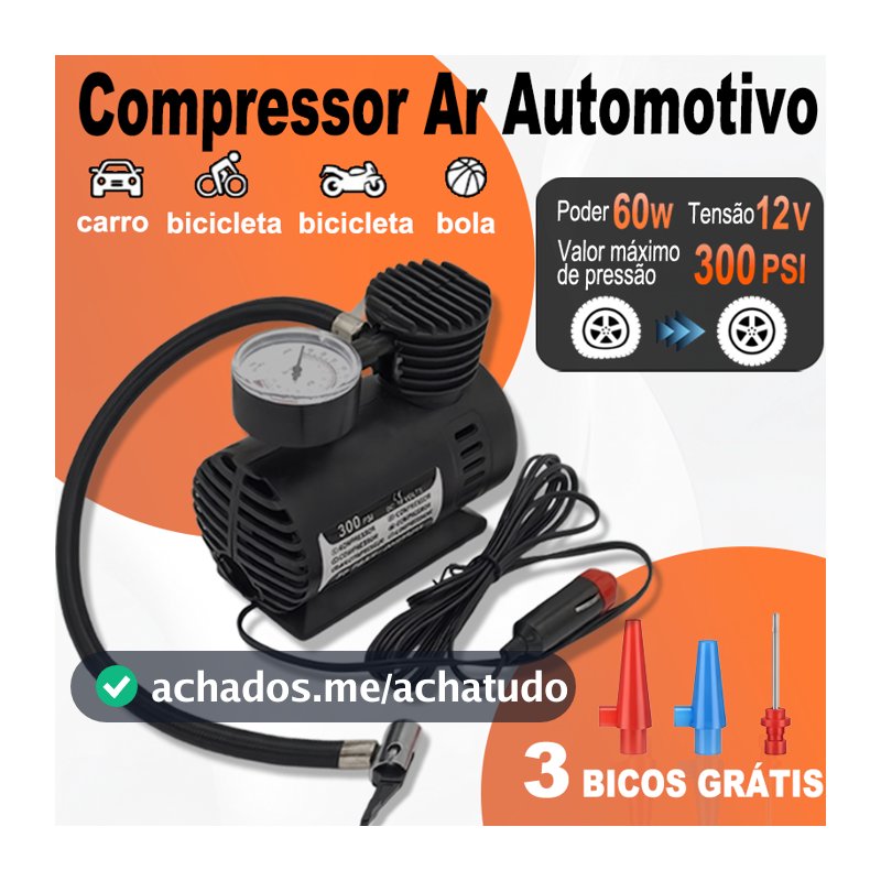 Compressor Ar Automotivo 12V 300PSI Mini Bomba Elétrica Encher Pneu Carro 3 Bicos Rápido Kinetx