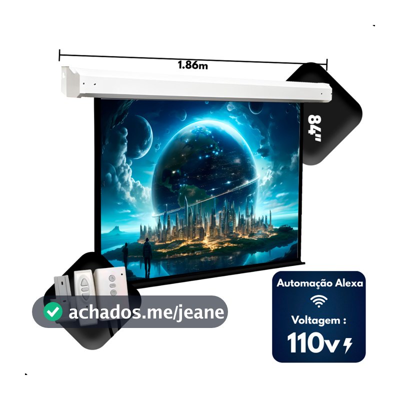 Tela De Projeção Elétrica 84 Polegadas 110v Retratil Com Controle Remoto Automação Com Alexa