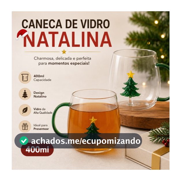 🎄 Caneca de Vidro Natalina 400ml Árvore de Natal Xícara para Café Chá Presente Decorativa