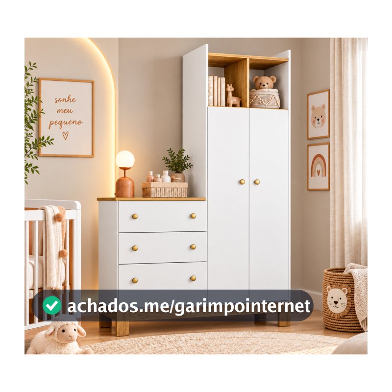 Guarda Roupa Infantil com Cômoda 2 Portas 3 Gavetas Quarto de Bebê Q Encanto Slim Movellu