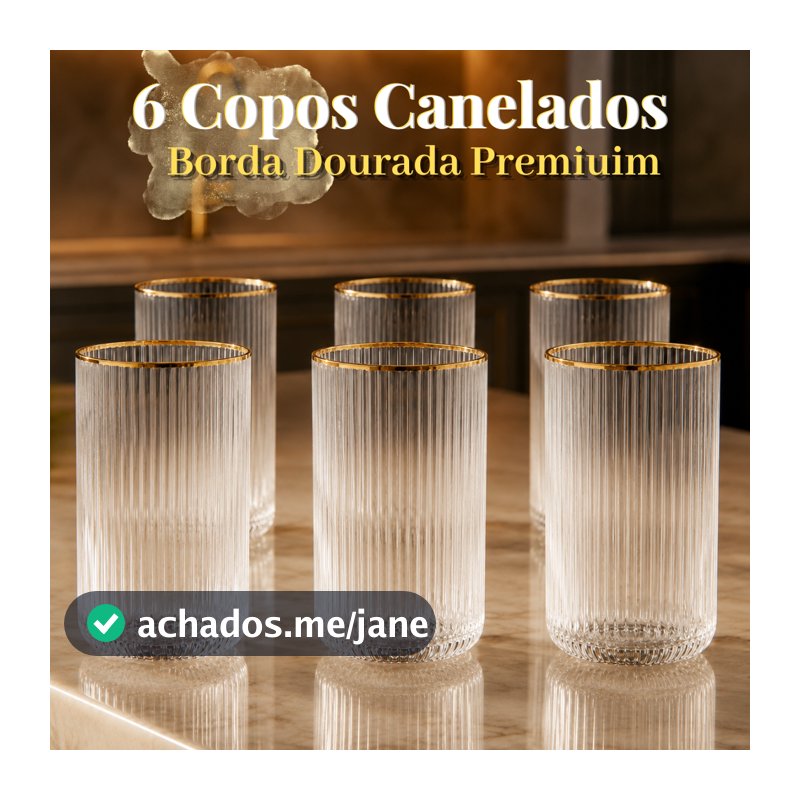 Jogo de Copos Vidro Borda Dourada Canelado 12 ou 6 unidades 420ml Elegante