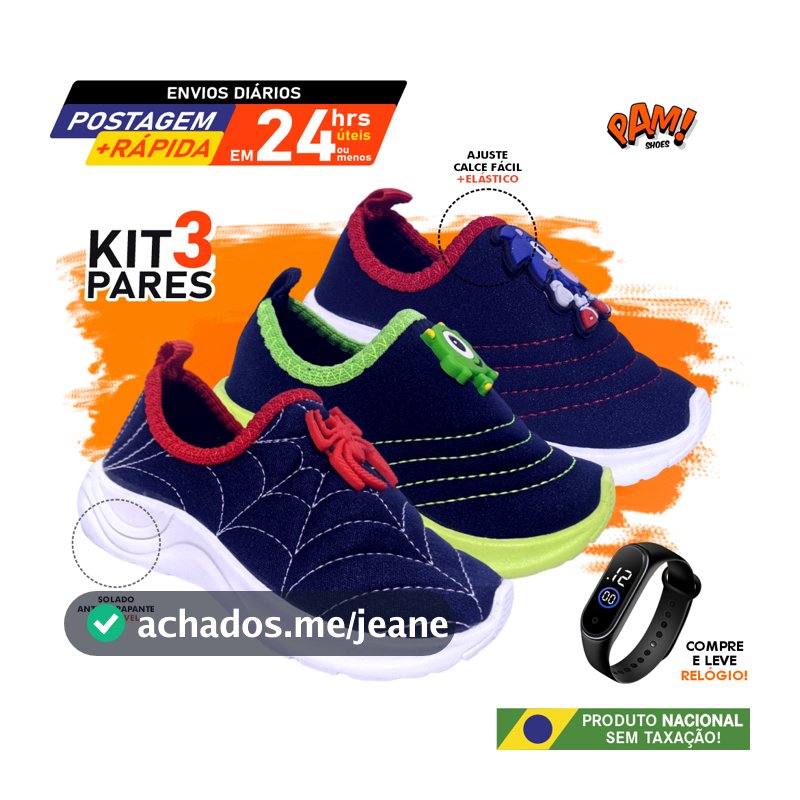 Tênis Menino Calce Fácil Kit 3 Pares combo + Relógio digital em LED
