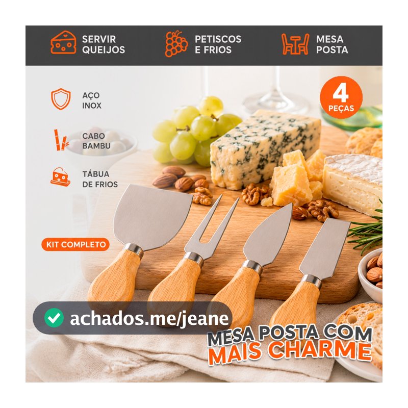 Kit Para Queijo E Frios 4 Peças Aço Inox E Cabo Bambu Conjunto Utensílios